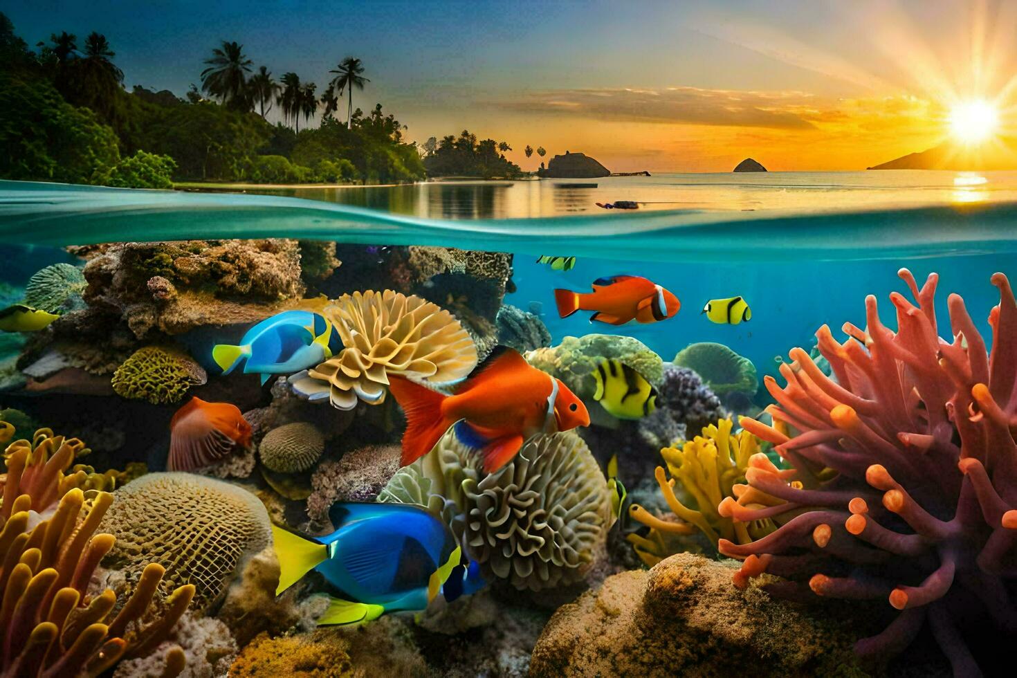 the sun is setting over a coral reef and fish. AI-Generated photo