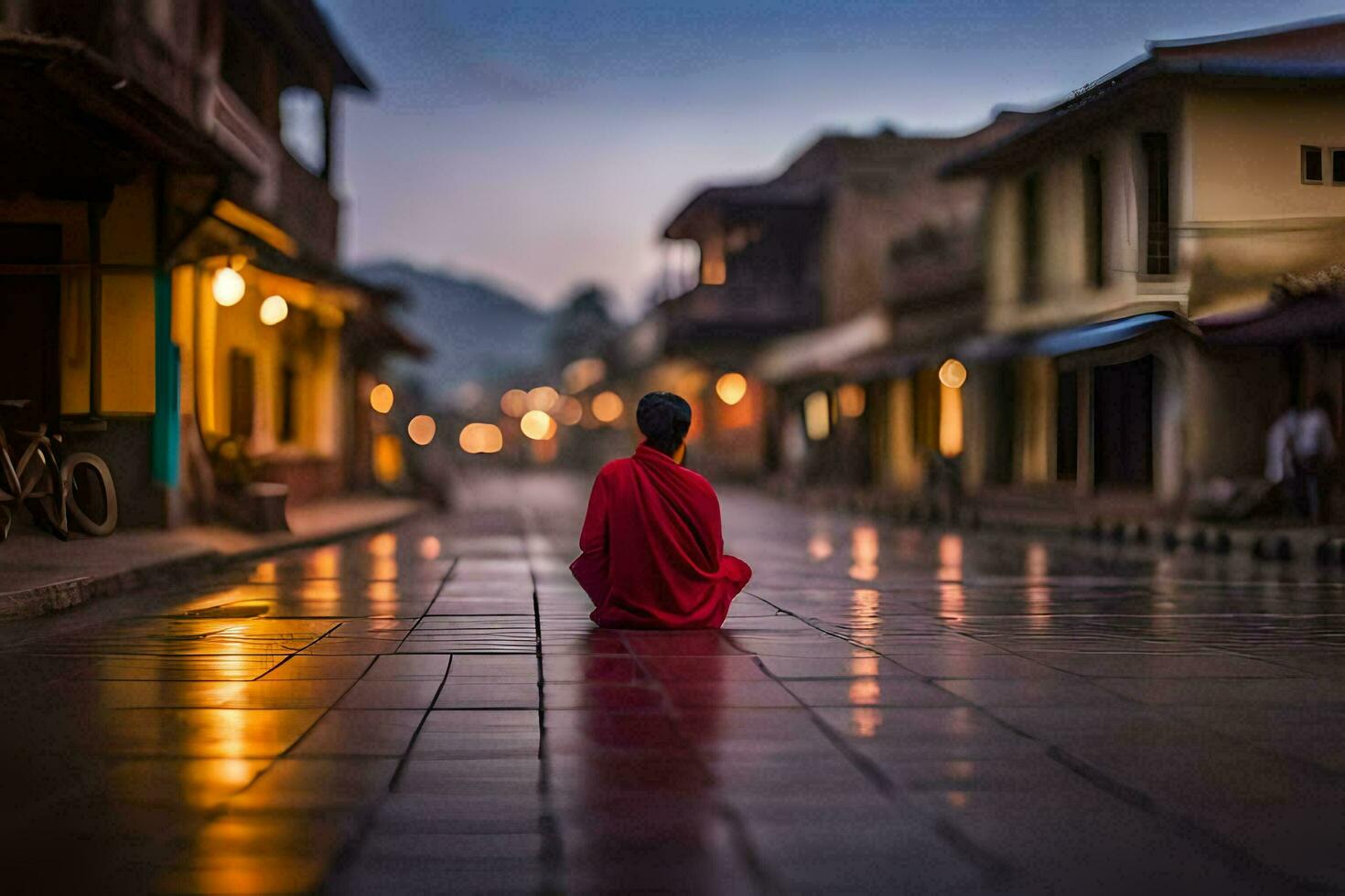 a monk sitting on the street at night. AI-Generated photo