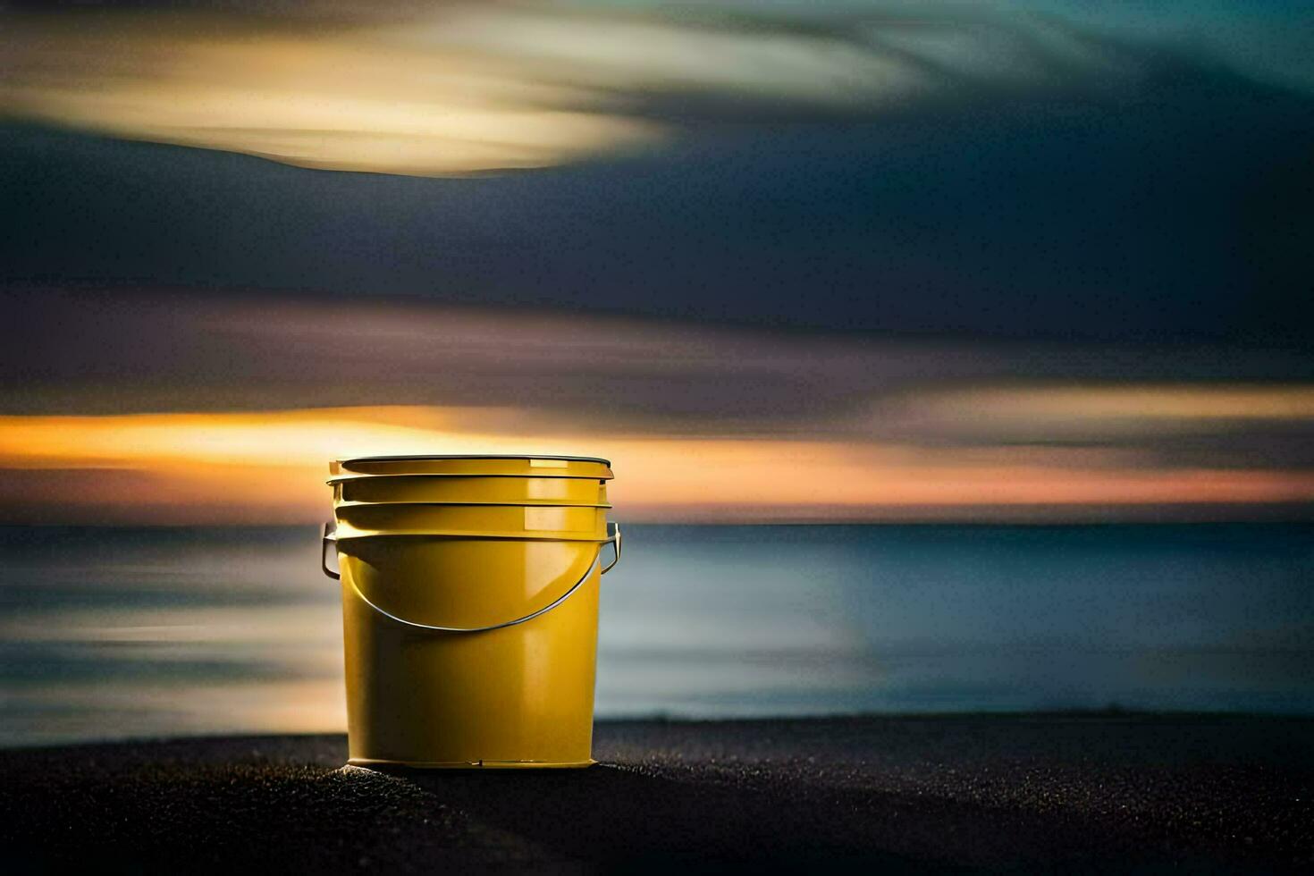 un amarillo Cubeta se sienta en el playa a puesta de sol. generado por ai foto