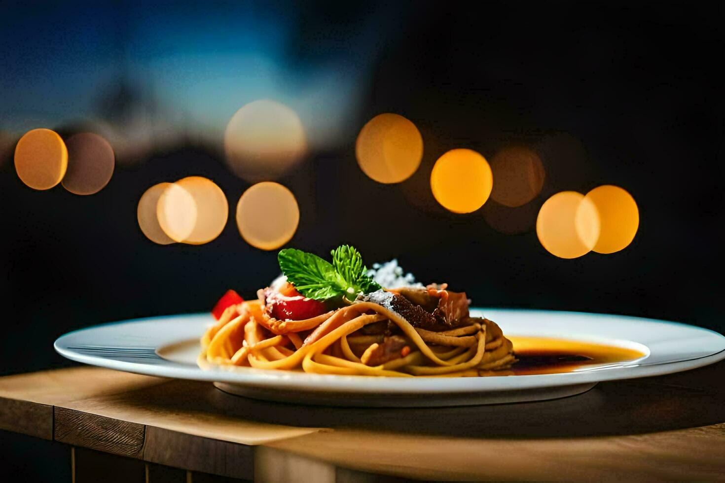 a plate of spaghetti with meat and sauce on a wooden table. AI-Generated photo