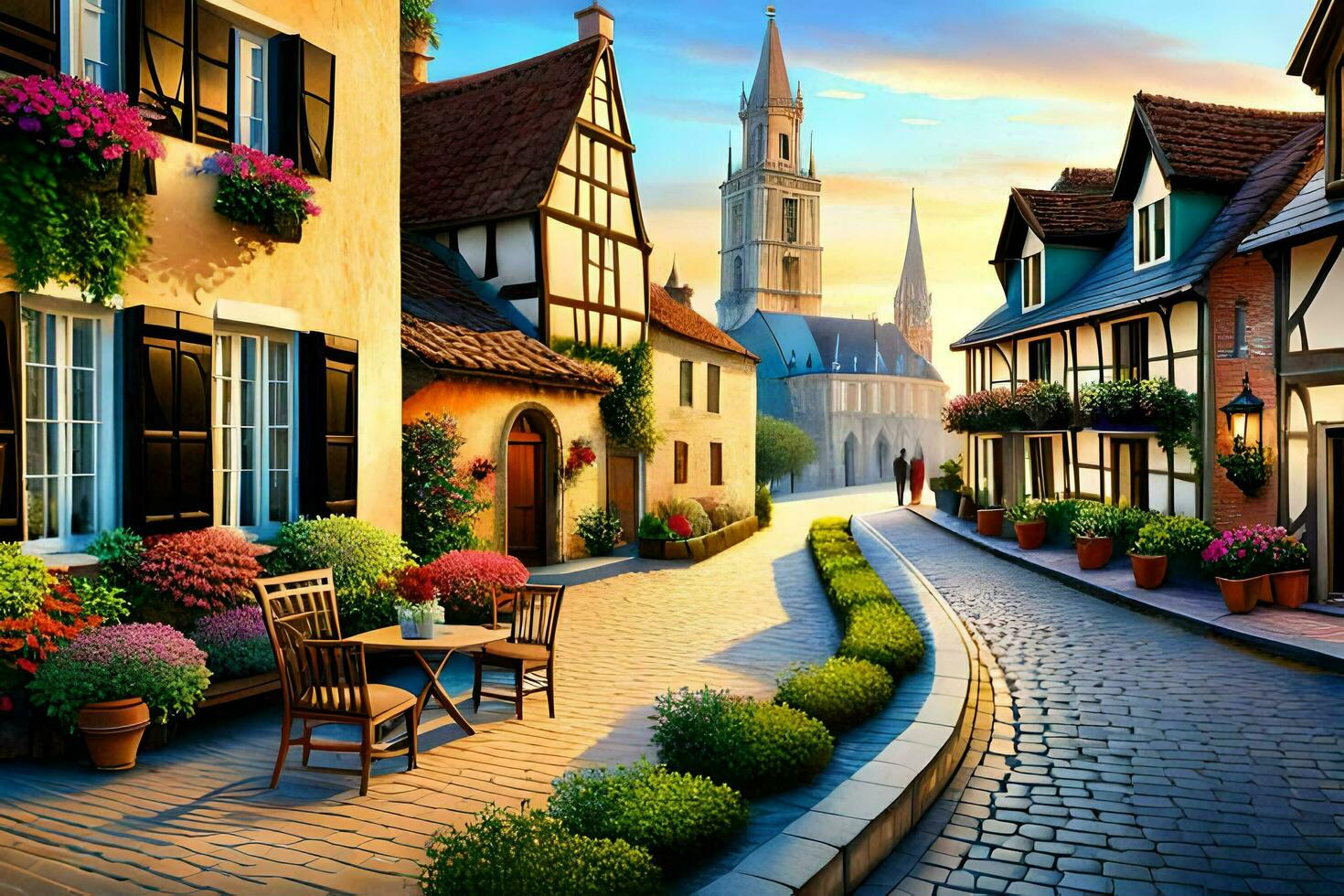 an old european street with flowers and buildings. AI-Generated photo