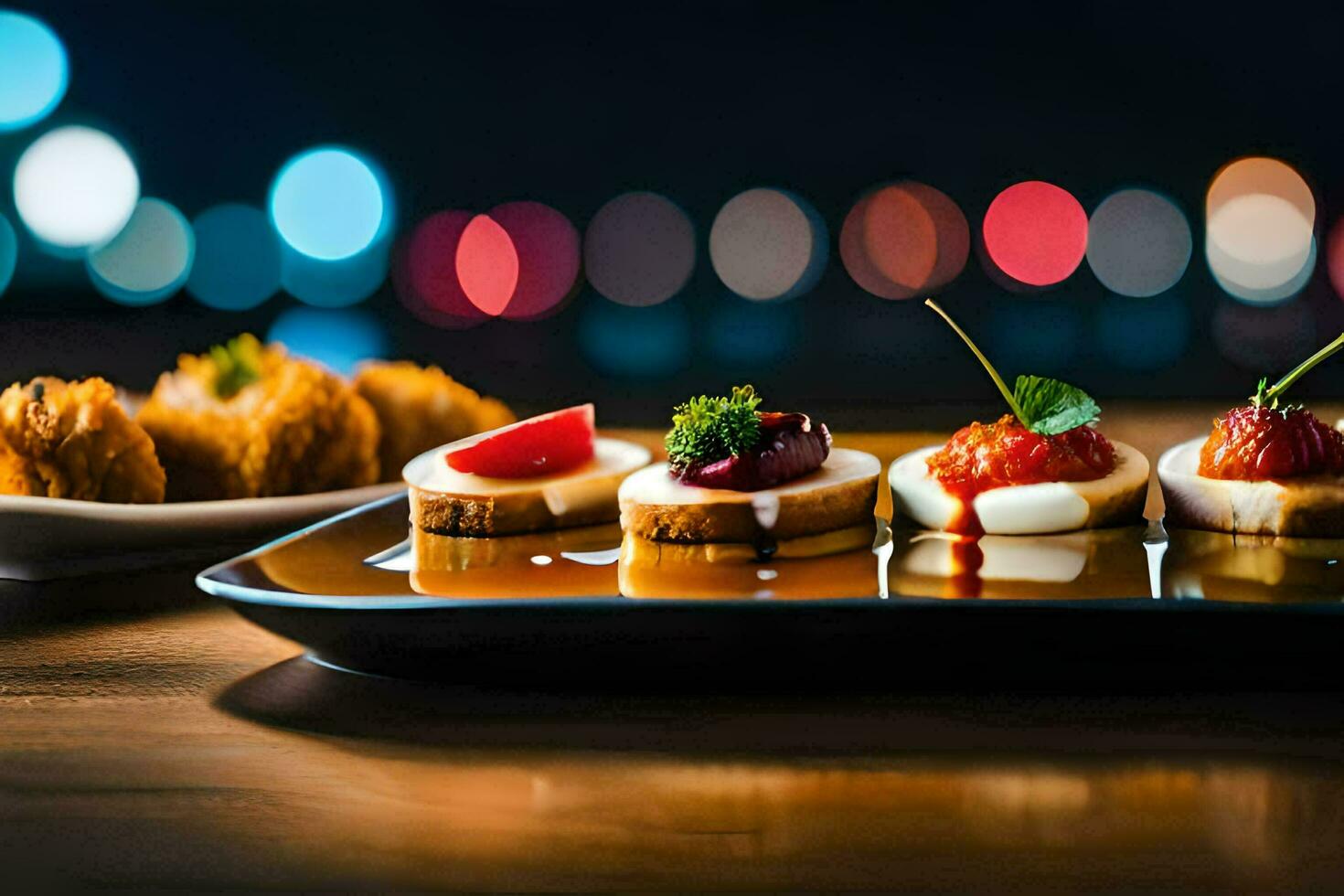 a plate of appetizers on a table with a blurry background. AI-Generated photo