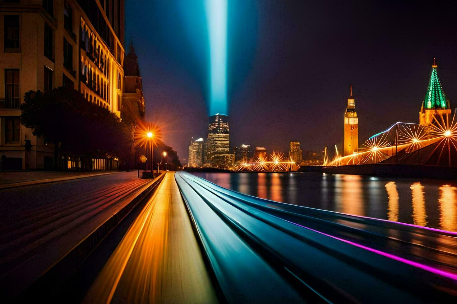 a train traveling down a river at night with lights. AI-Generated photo