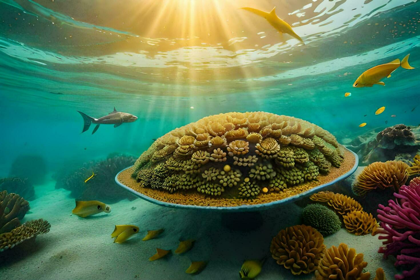 the sun shines over a coral reef and fish. AI-Generated photo