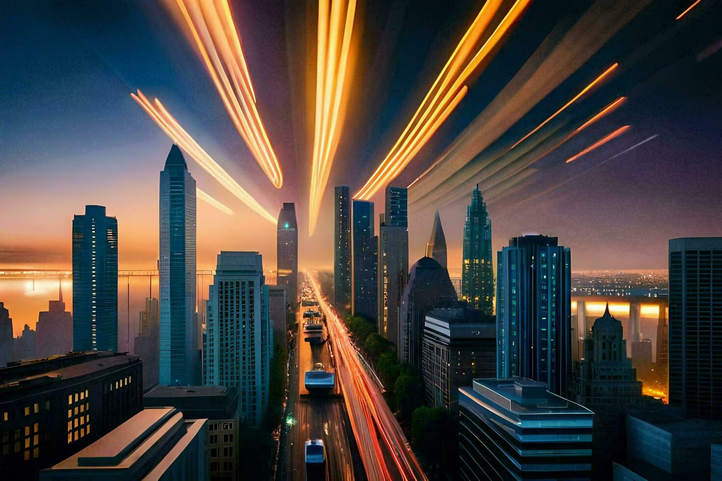 a city at night with long exposure of traffic. AI-Generated photo