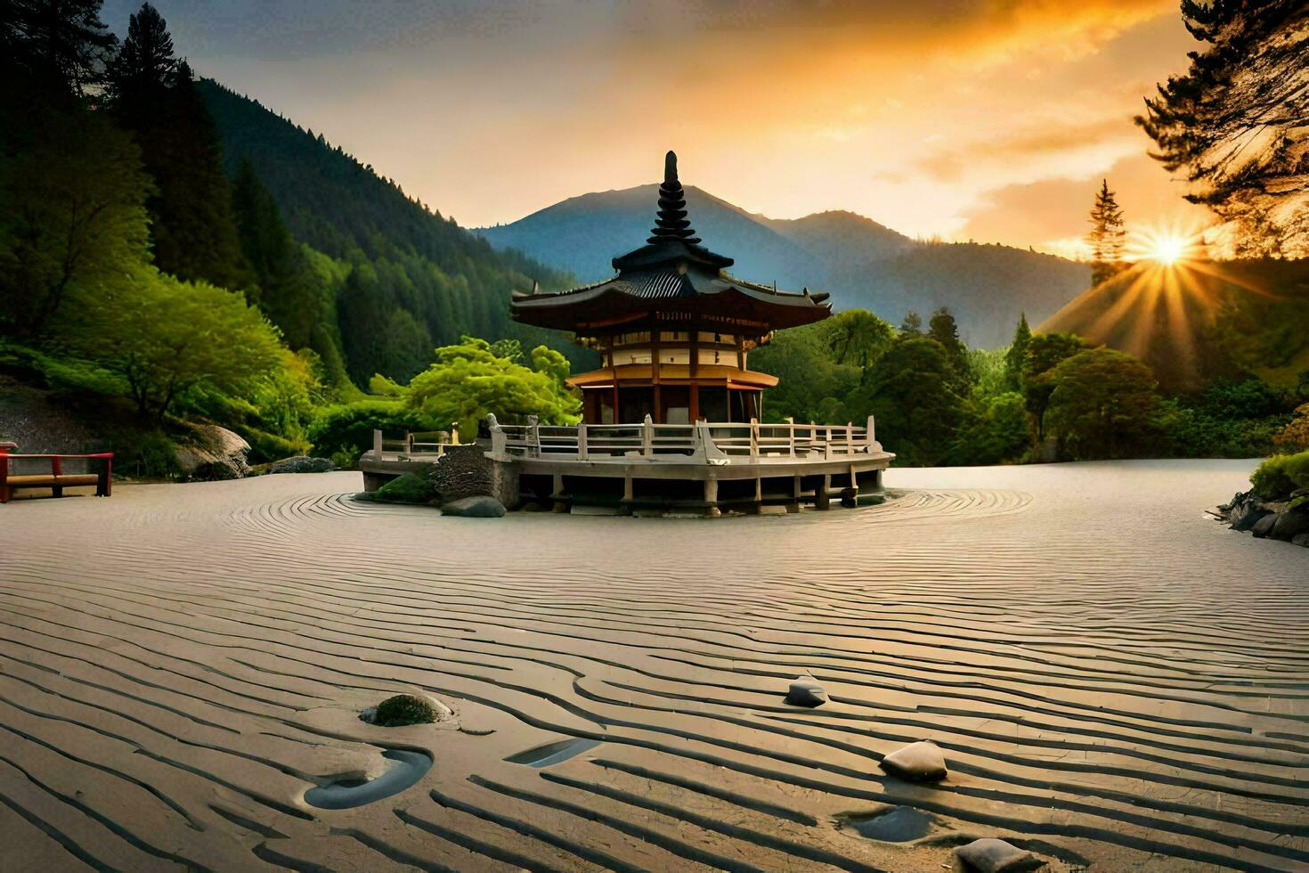 un pagoda se sienta en el medio de un arenoso playa. generado por ai foto