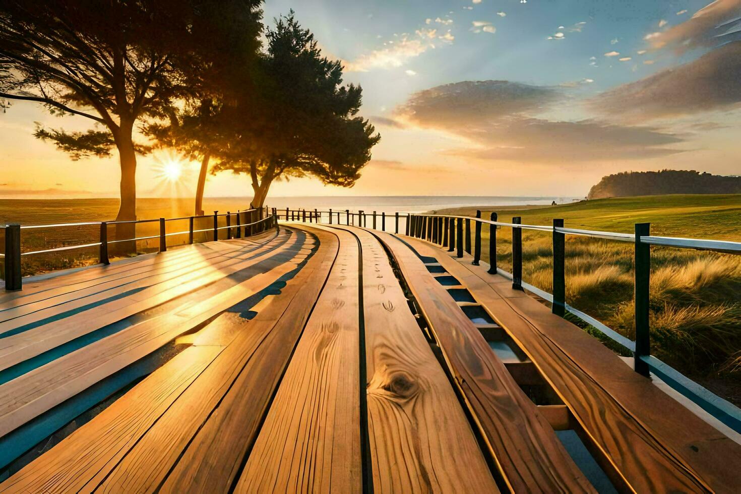 a wooden walkway leads to the beach at sunset. AI-Generated photo