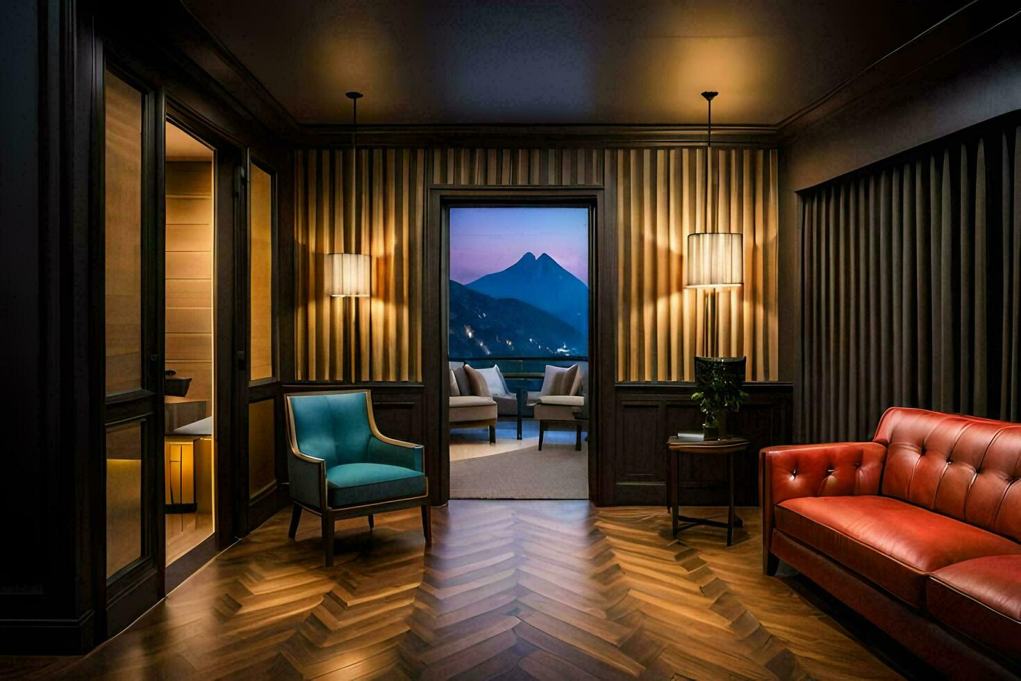 a room with a red couch and a view of mountains. AI-Generated photo