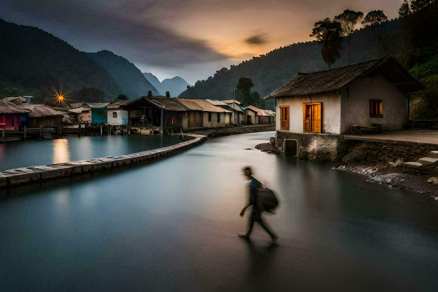 un hombre caminando a lo largo un río en frente de un aldea. generado por ai foto