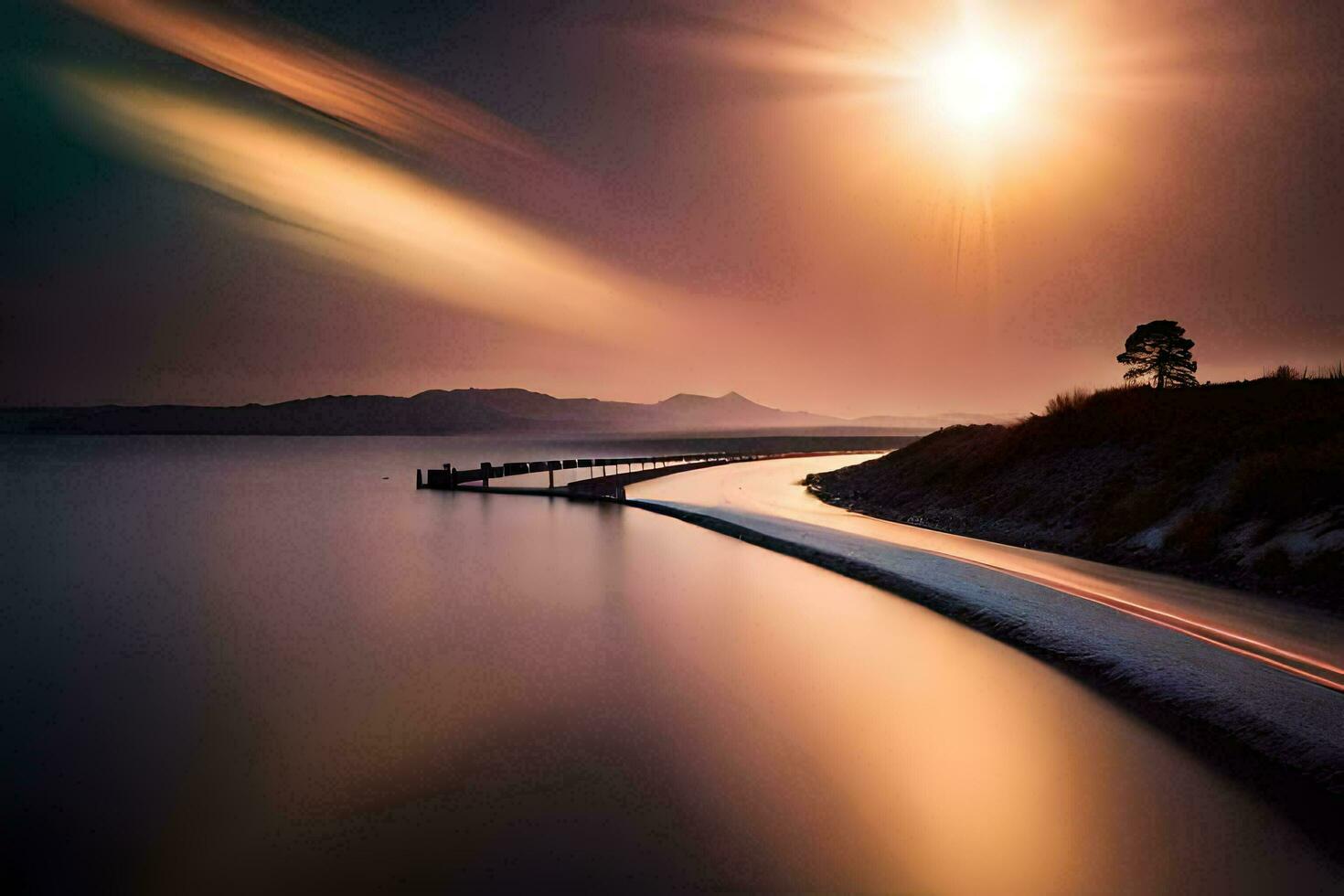 a long exposure photo of a pier and the sun setting over the water. AI-Generated