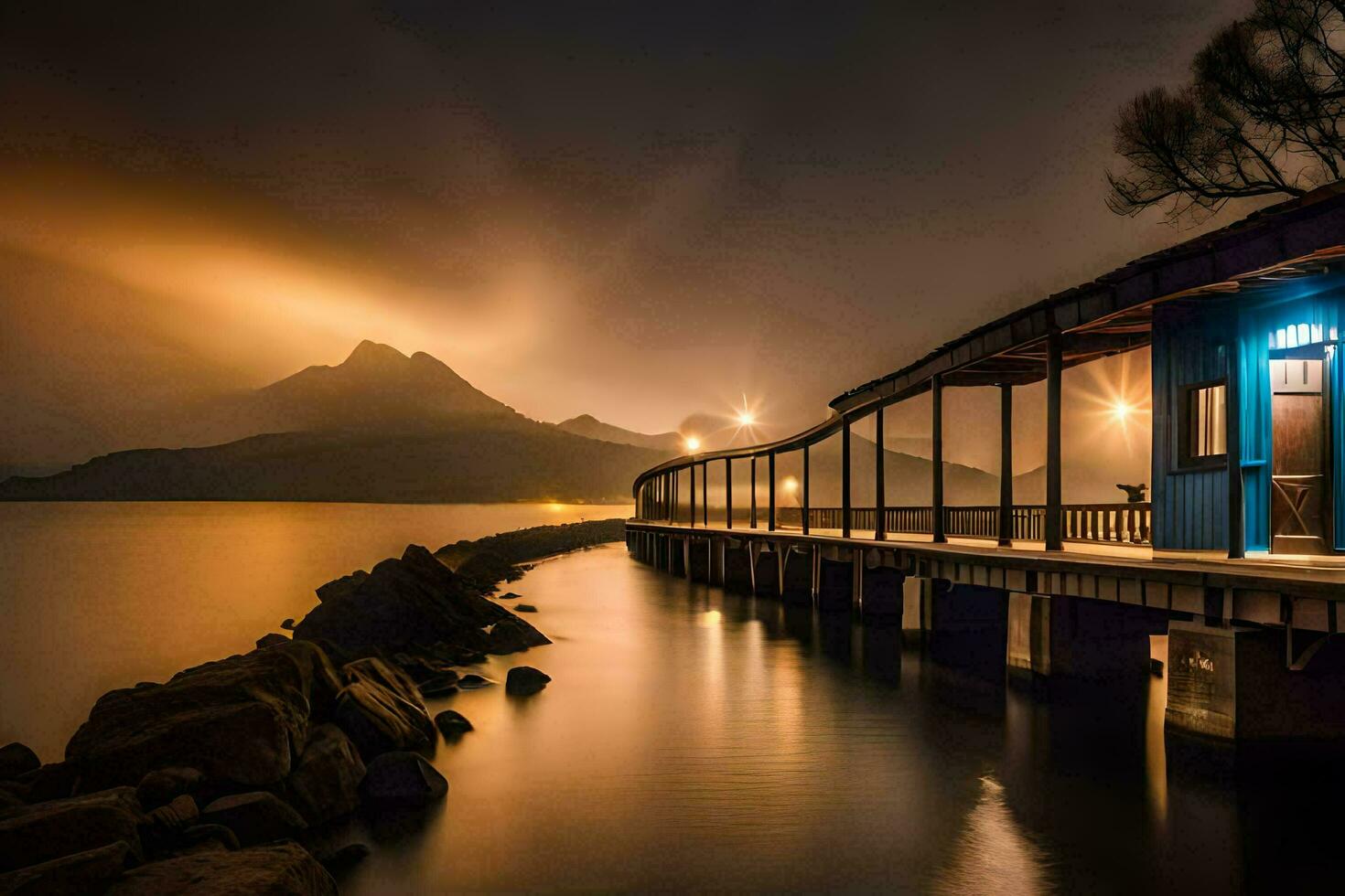 a blue building on a dock at night with mountains in the background. AI-Generated photo