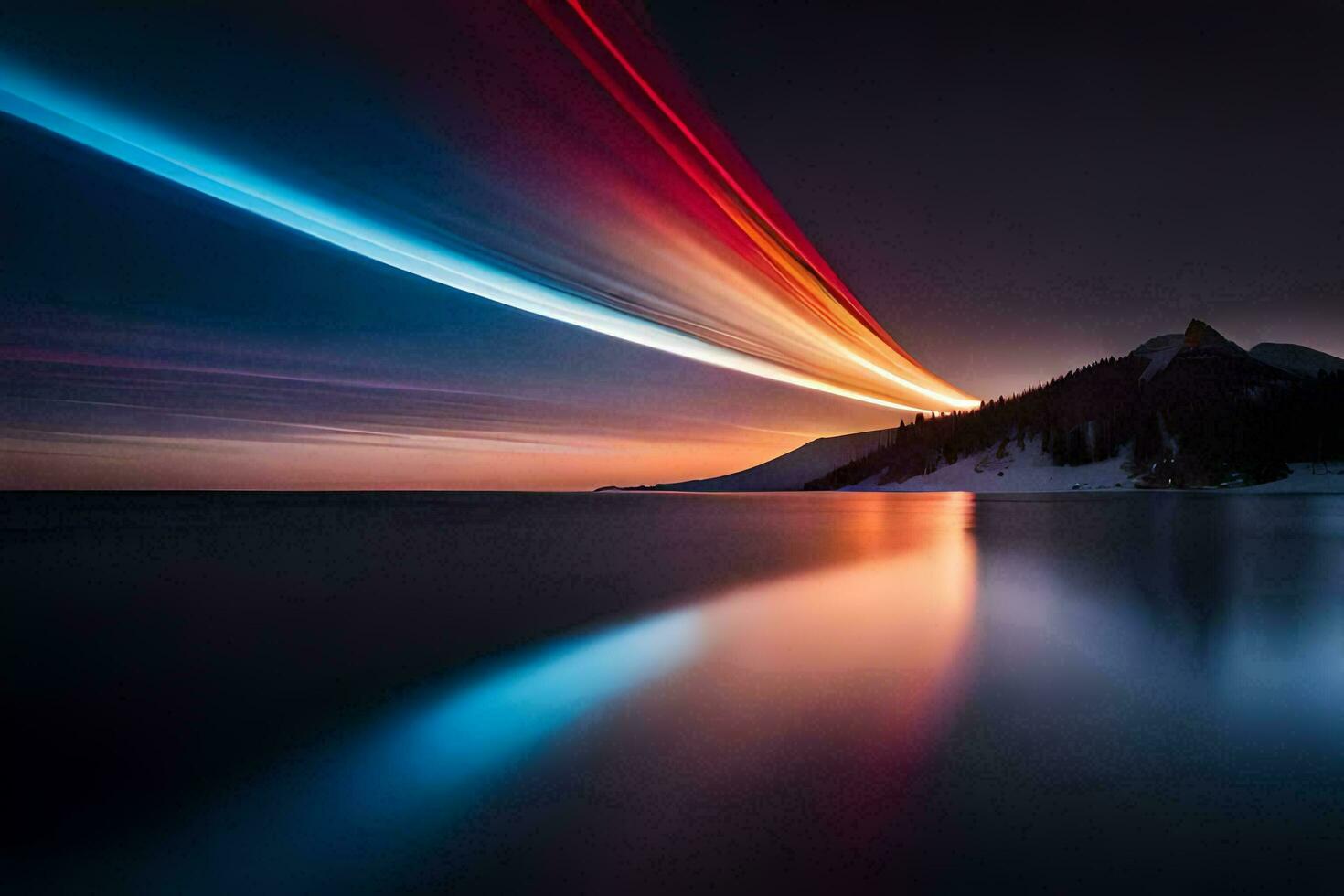 a long exposure photograph of a mountain and water at sunset. AI-Generated photo