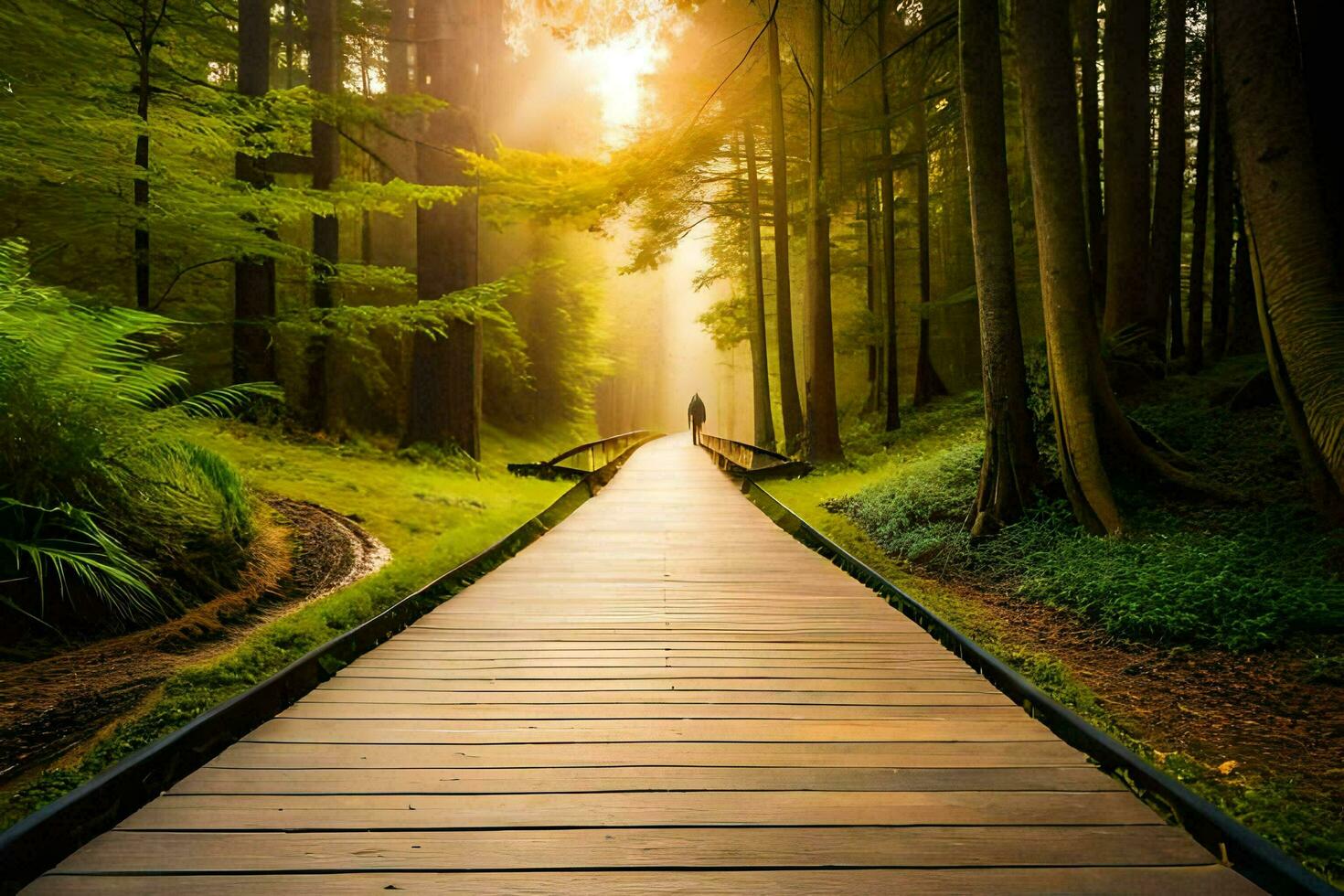 a wooden path in the forest with the sun shining through. AI-Generated photo