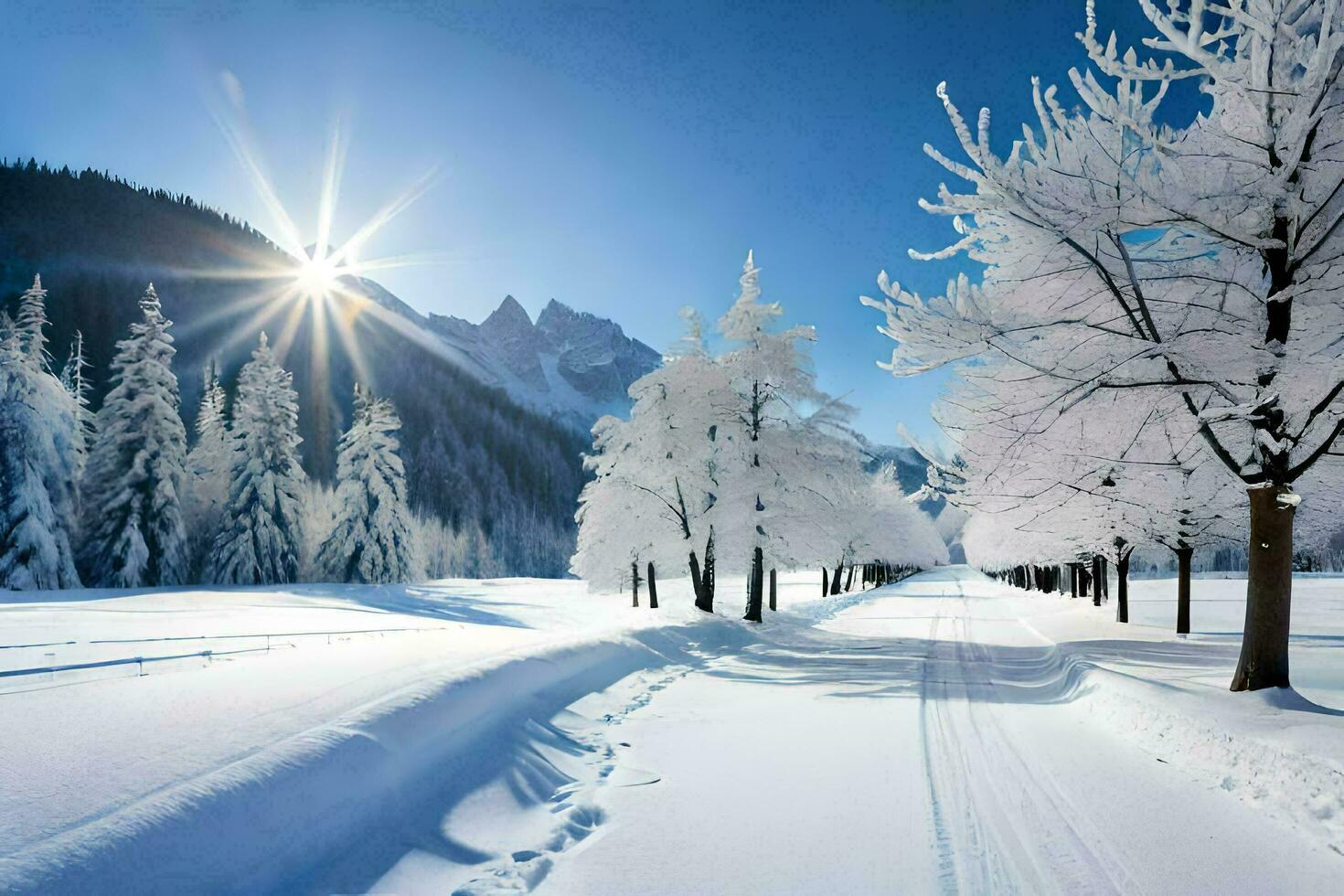 snow covered trees and a road in the sun. AI-Generated photo