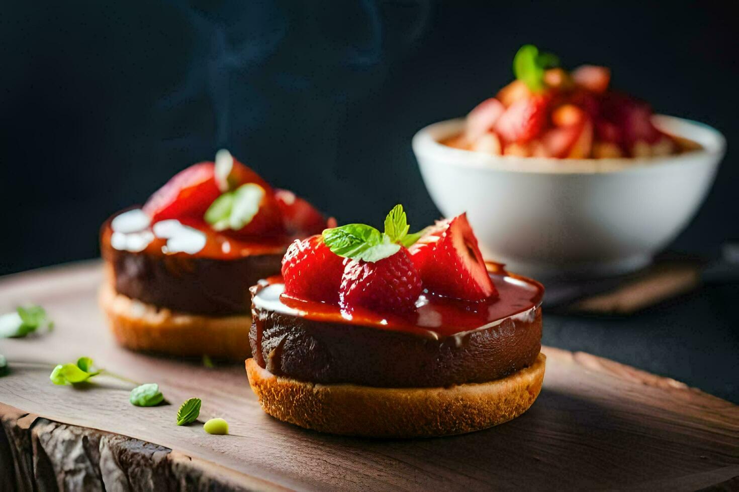 two small cakes topped with strawberries and mint leaves. AI-Generated photo