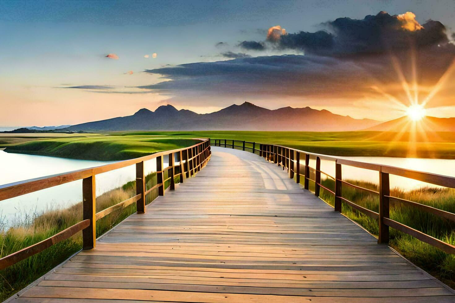 a wooden bridge over a river and mountains. AI-Generated photo