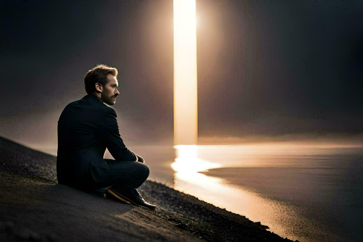 a man in a suit sits on the beach looking at the sun. AI-Generated photo