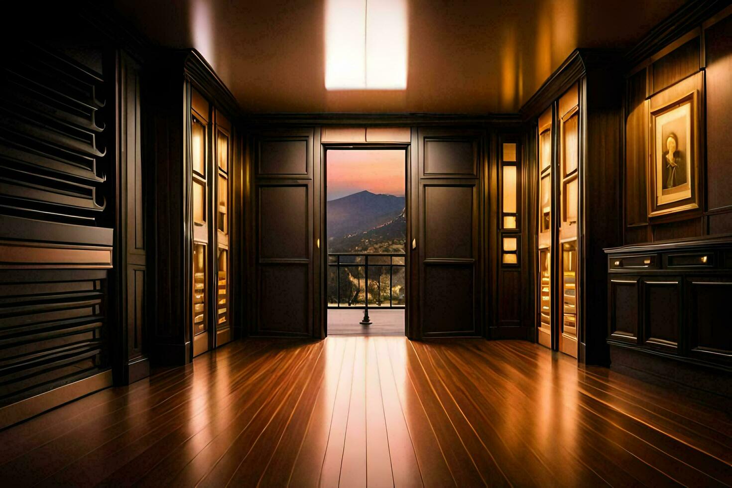 a hallway with wooden floors and a door leading to a mountain view. AI-Generated photo
