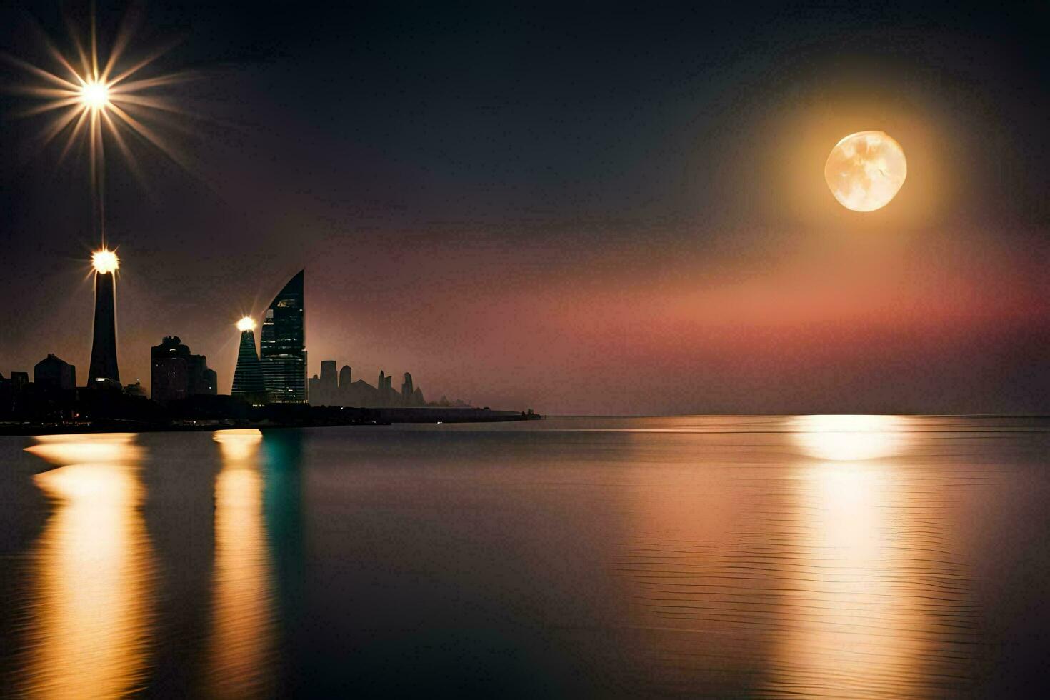 the moon is shining brightly over the city skyline. AI-Generated photo