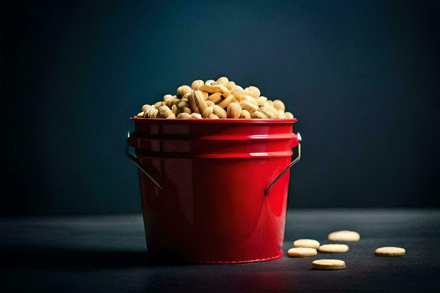 a red bucket filled with peanuts on a dark table. AI-Generated photo