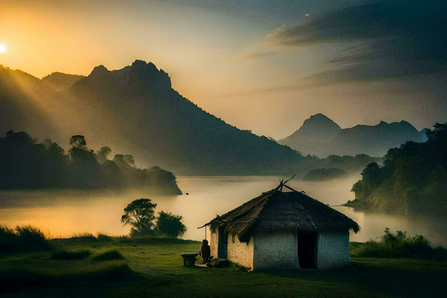 the sun rises over the mountains and the hut in the foreground. AI-Generated photo