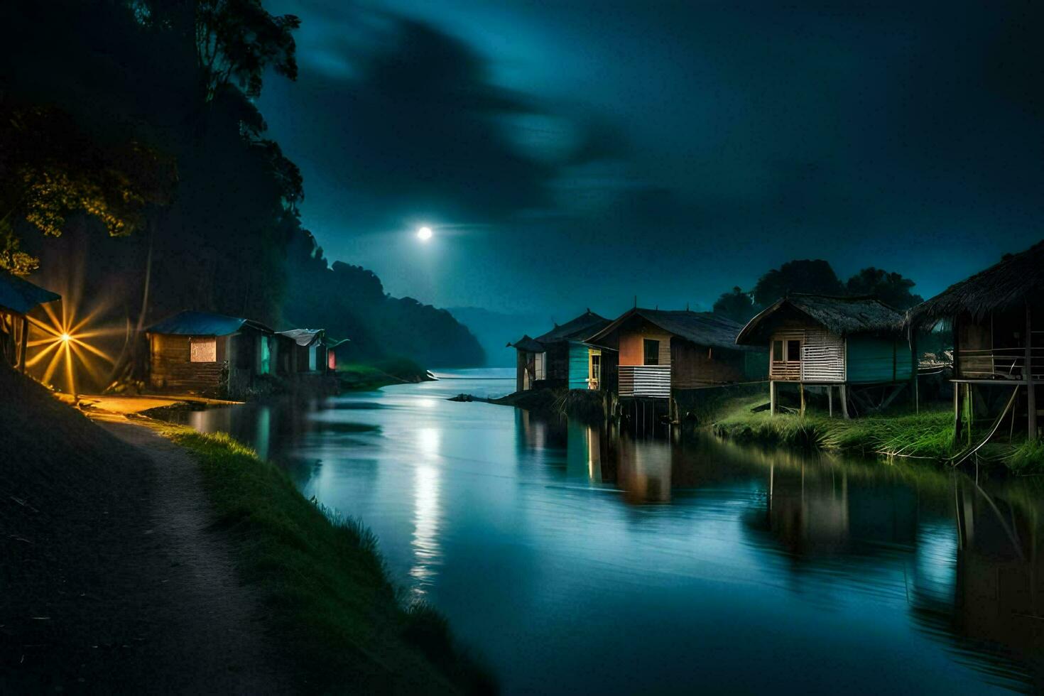 houses on the river at night with a full moon. AI-Generated photo