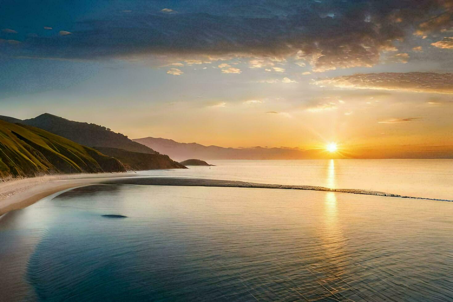 the sun sets over a beach and mountains. AI-Generated photo