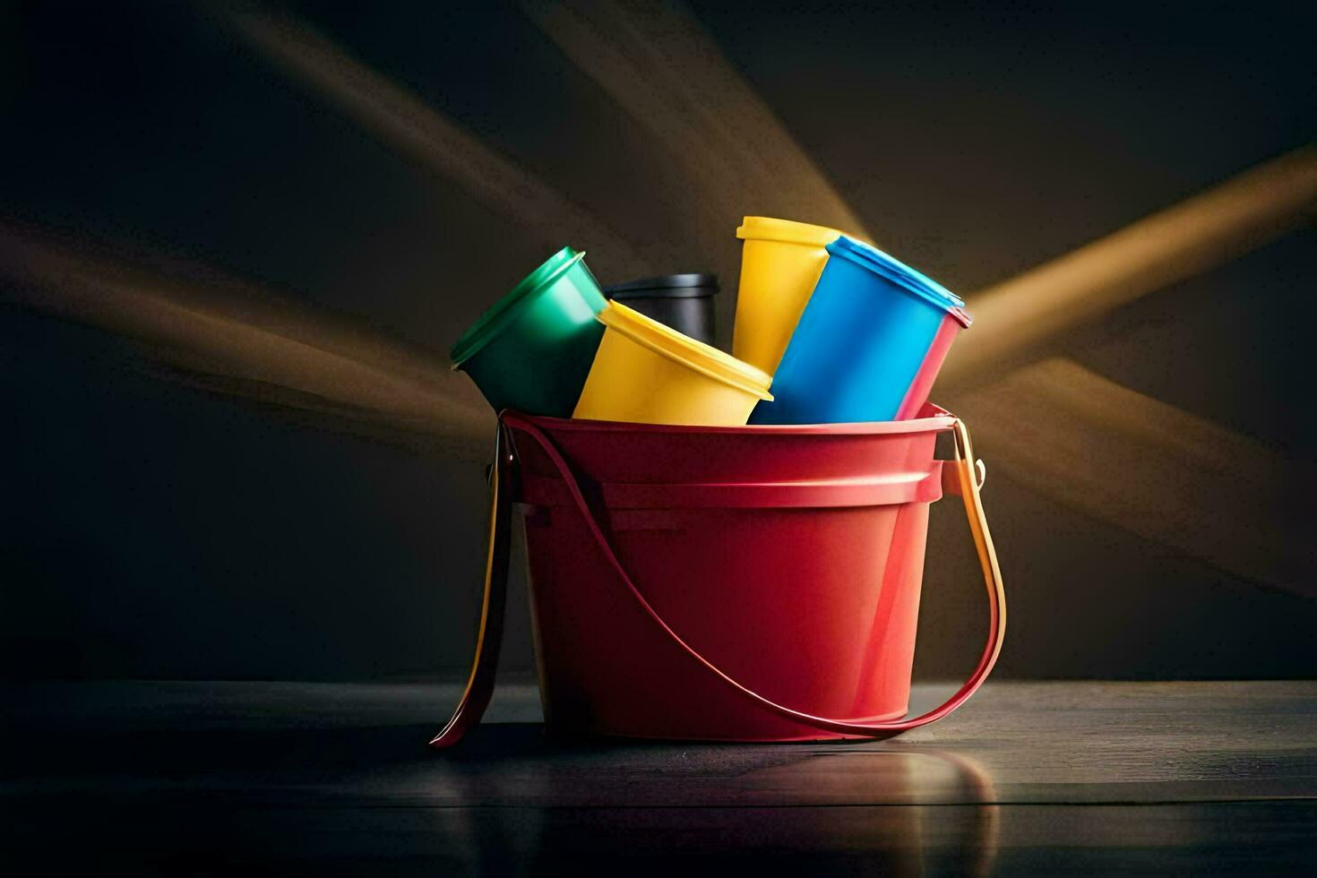 a bucket filled with colorful plastic cups. AI-Generated photo