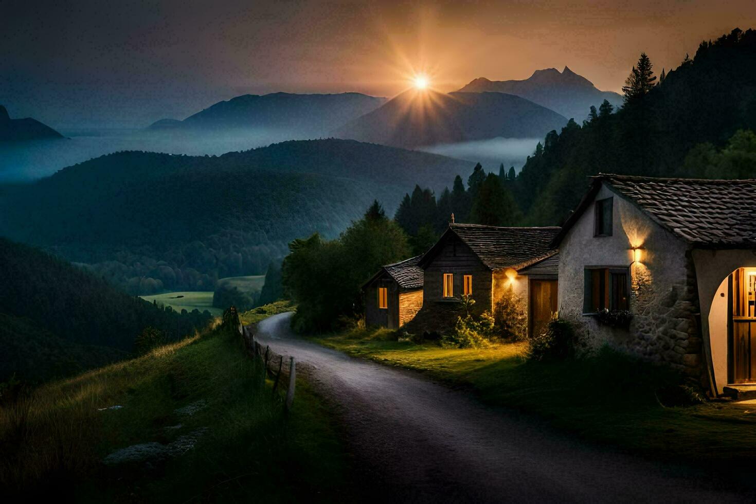 photo wallpaper the sky, mountains, road, house, sunset, the sun. AI-Generated