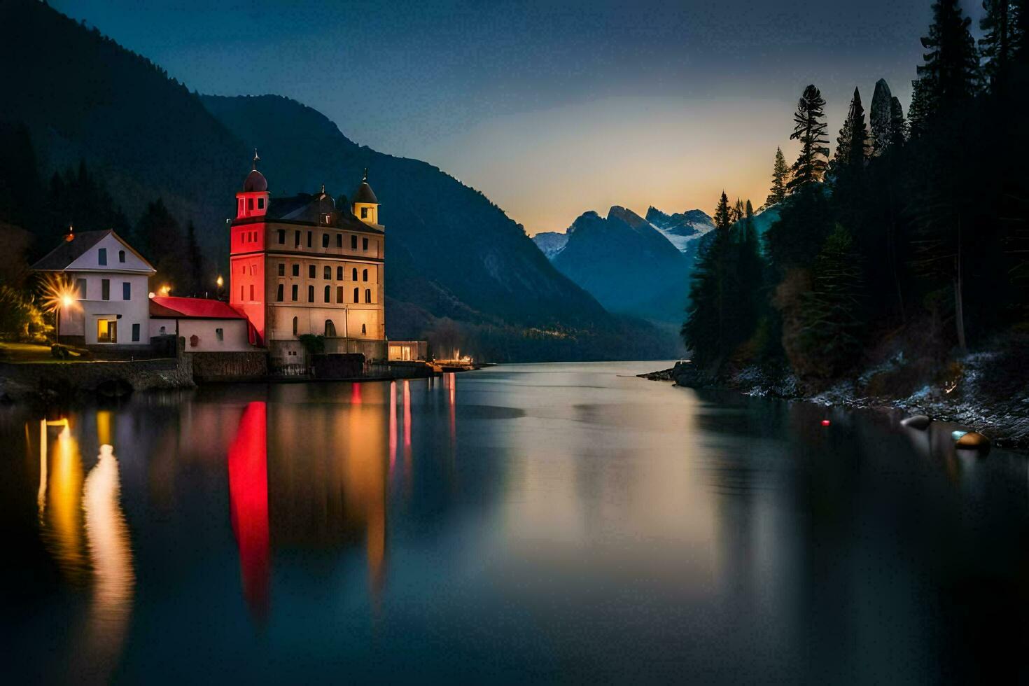 a castle sits on the side of a river at night. AI-Generated photo