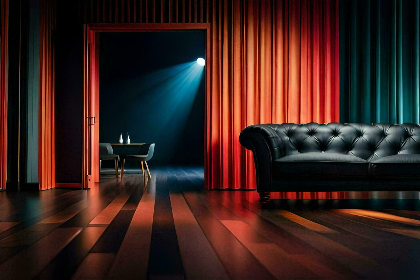 a black leather couch in front of a colorful curtain. AI-Generated photo