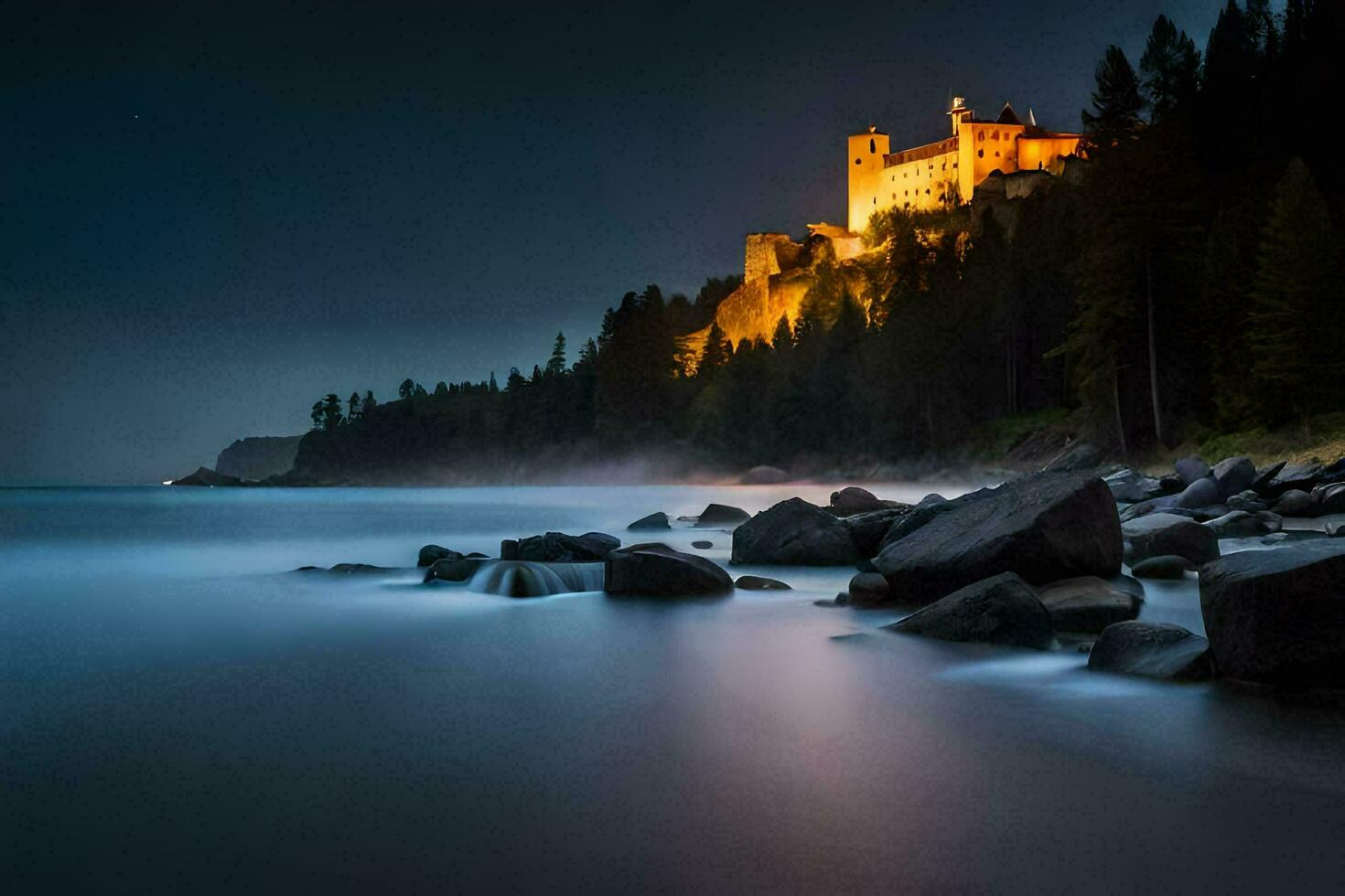 a castle sits on the shore of a lake at night. AI-Generated photo