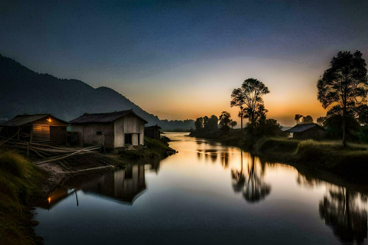 a river at sunset with a small village and a house. AI-Generated photo