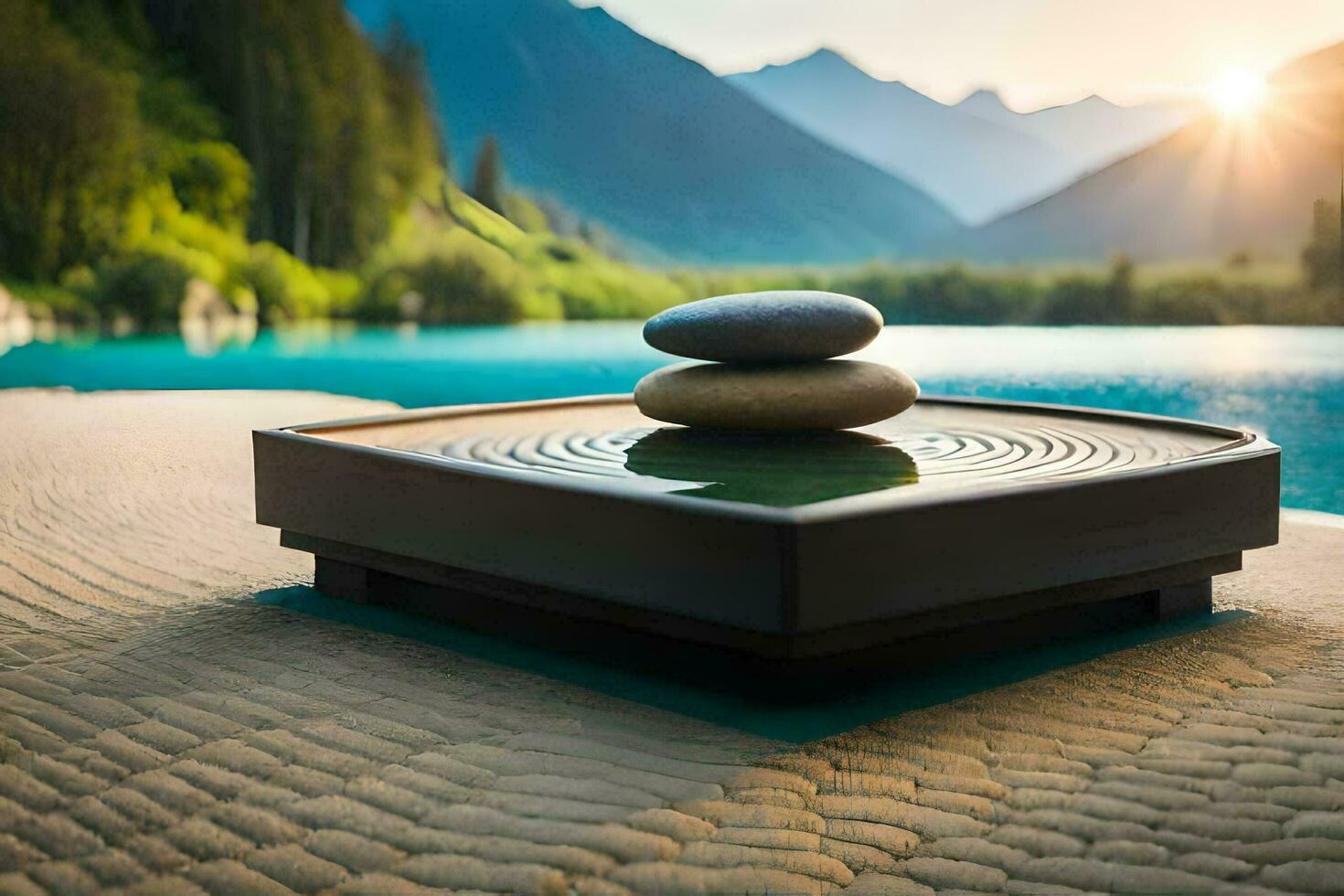 a stone fountain with water and rocks in front of a lake. AI-Generated photo