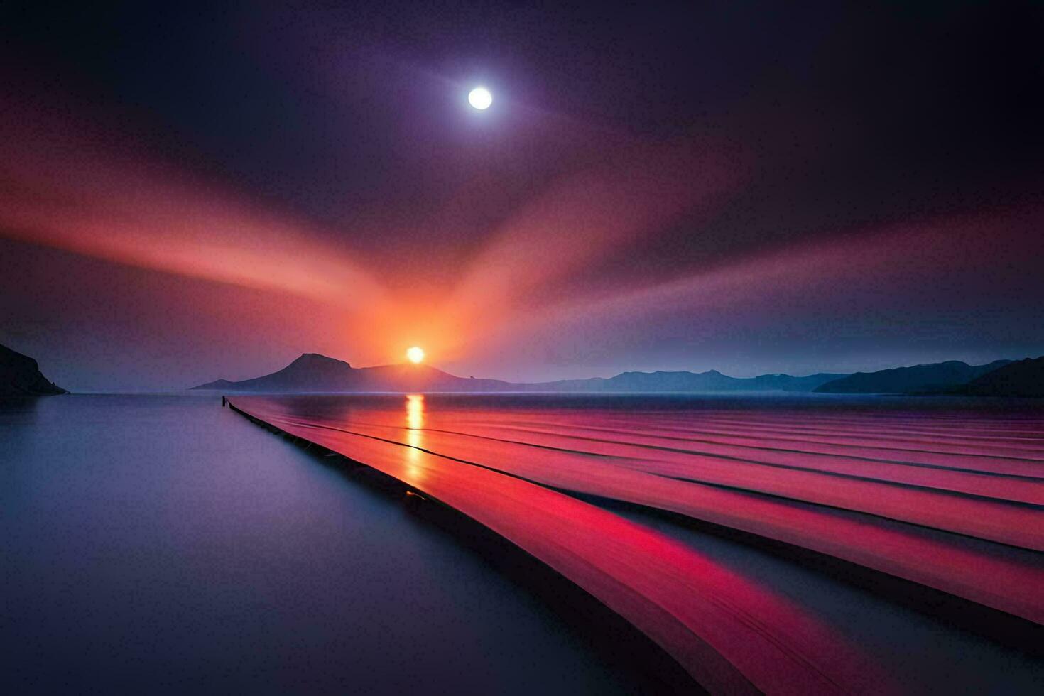 a long line of boats on the water at sunset. AI-Generated photo