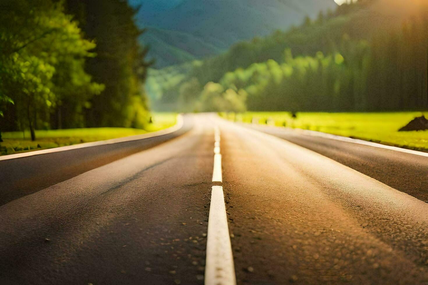 a long empty road in the middle of a green field. AI-Generated photo