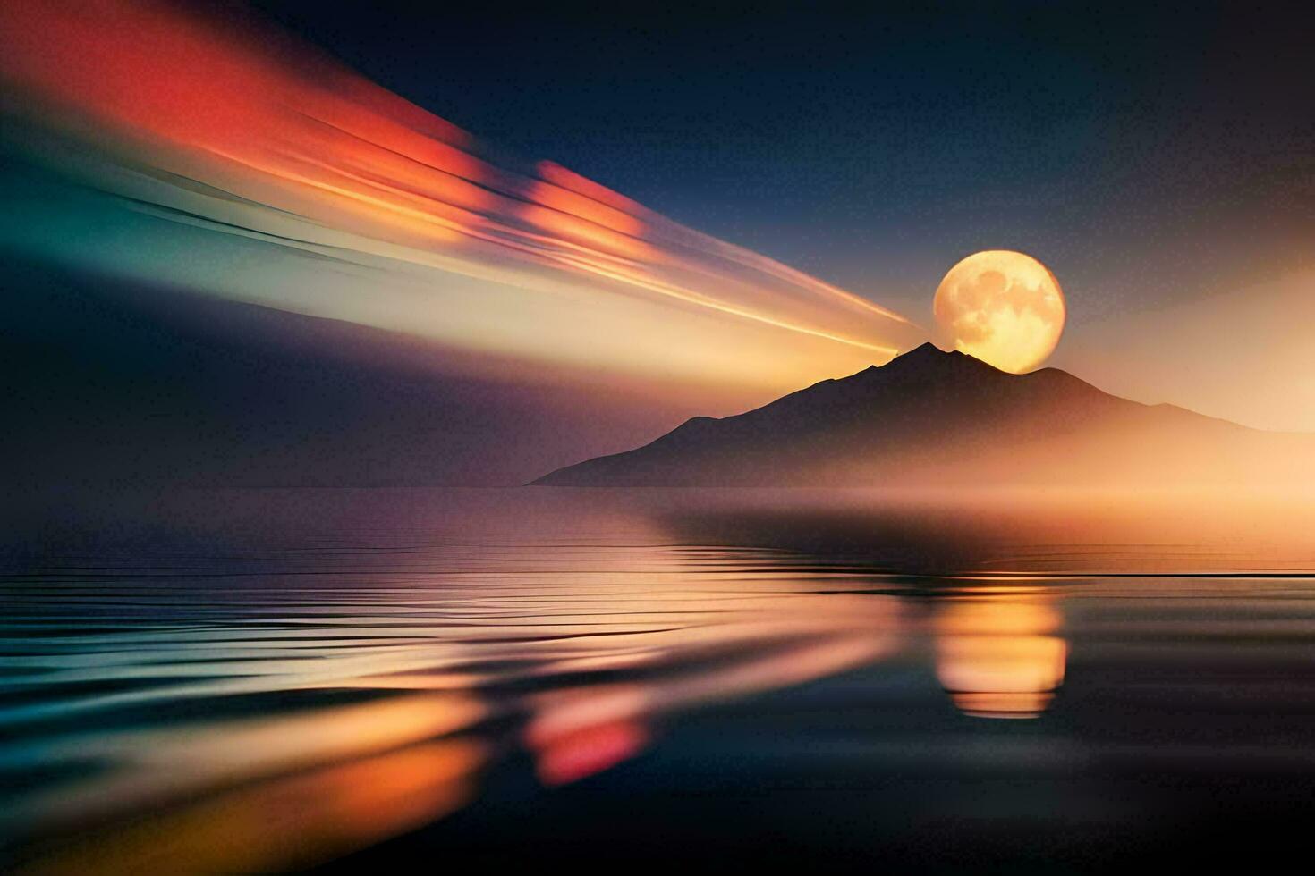 un lleno Luna creciente terminado un montaña y reflejando en el agua. generado por ai foto