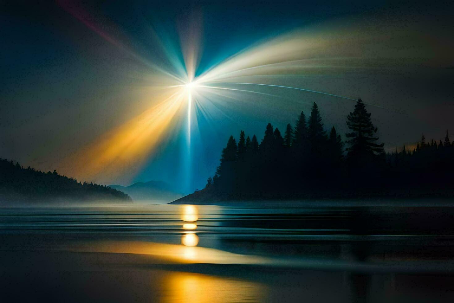 a bright light shines over a lake and trees. AI-Generated photo