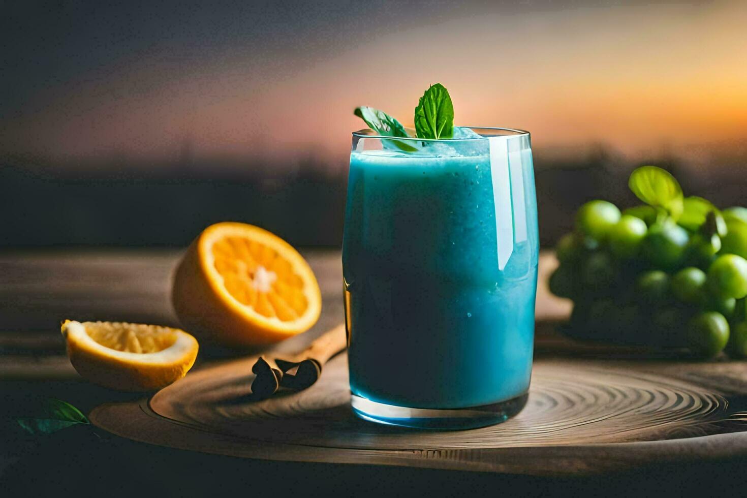 blue drink in a glass with grapes and oranges. AI-Generated photo