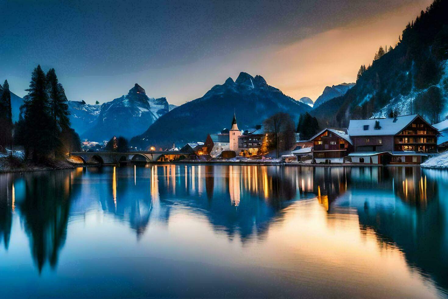 a lake and mountain town at dusk. AI-Generated photo