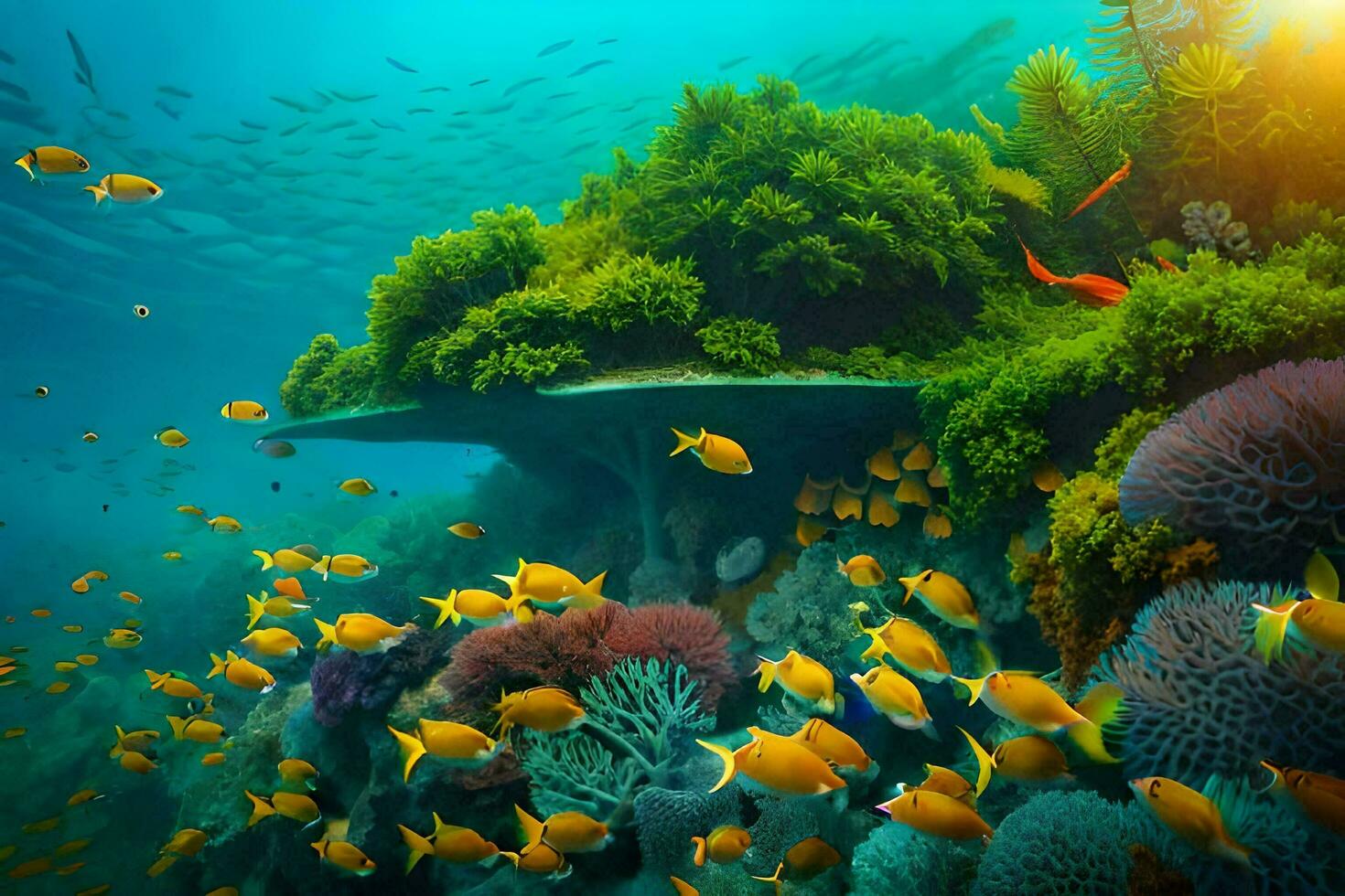 a coral reef with many fish and plants. AI-Generated photo
