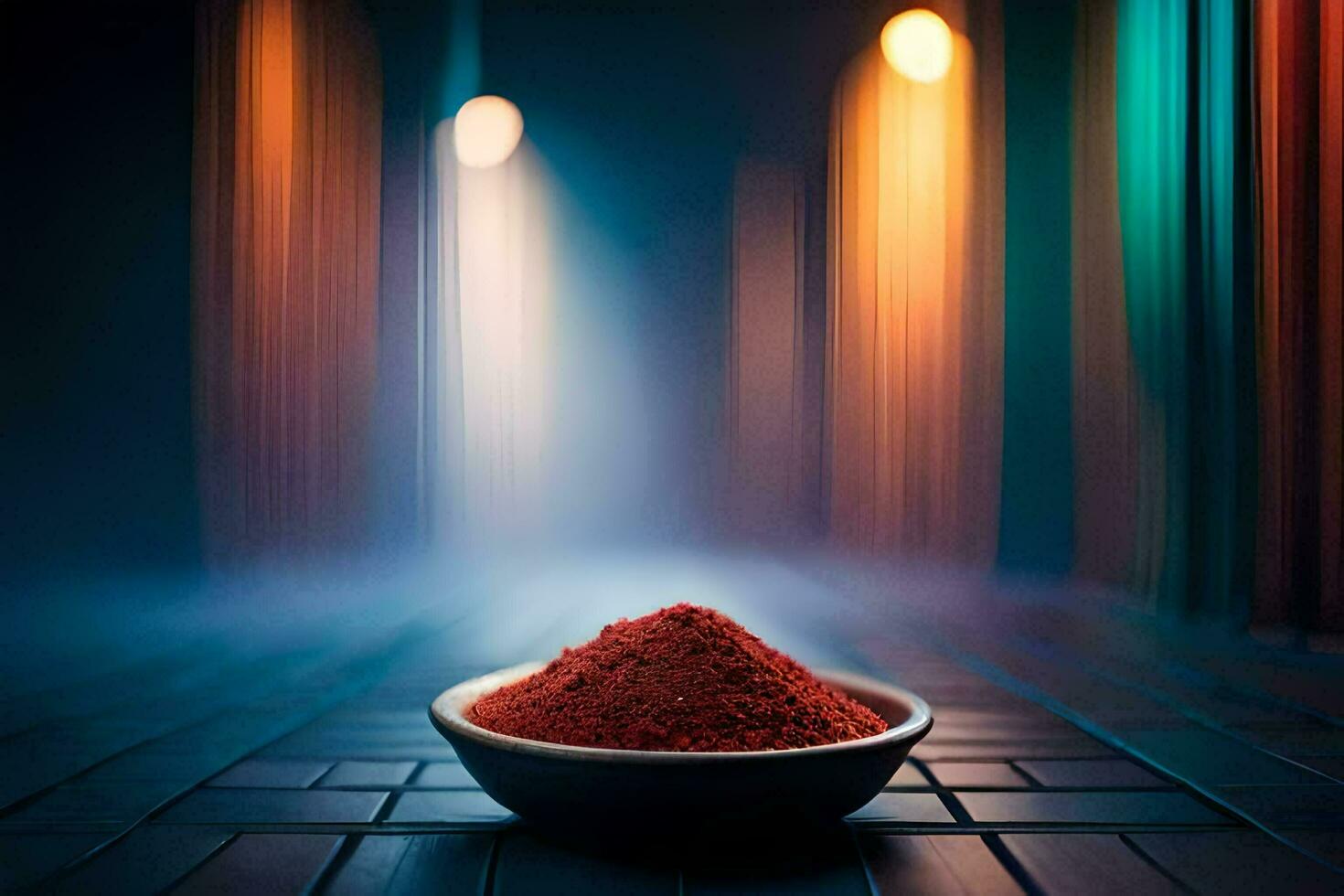 a bowl of red powder on a table in front of a blurry background. AI-Generated photo