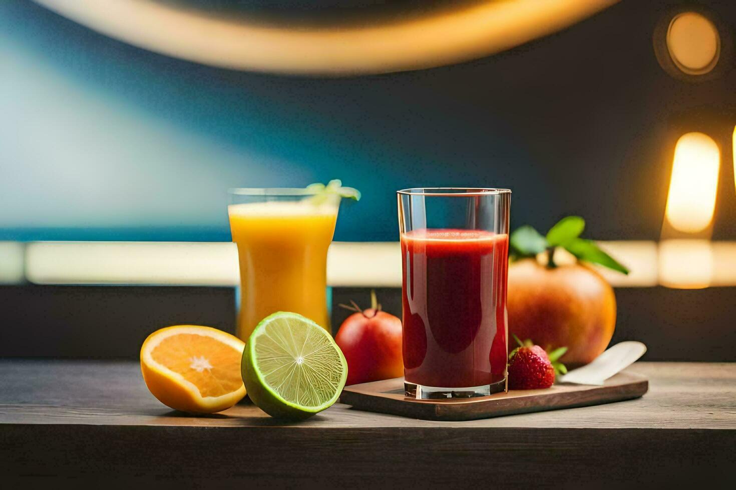 two glasses of juice and fruit on a table. AI-Generated photo