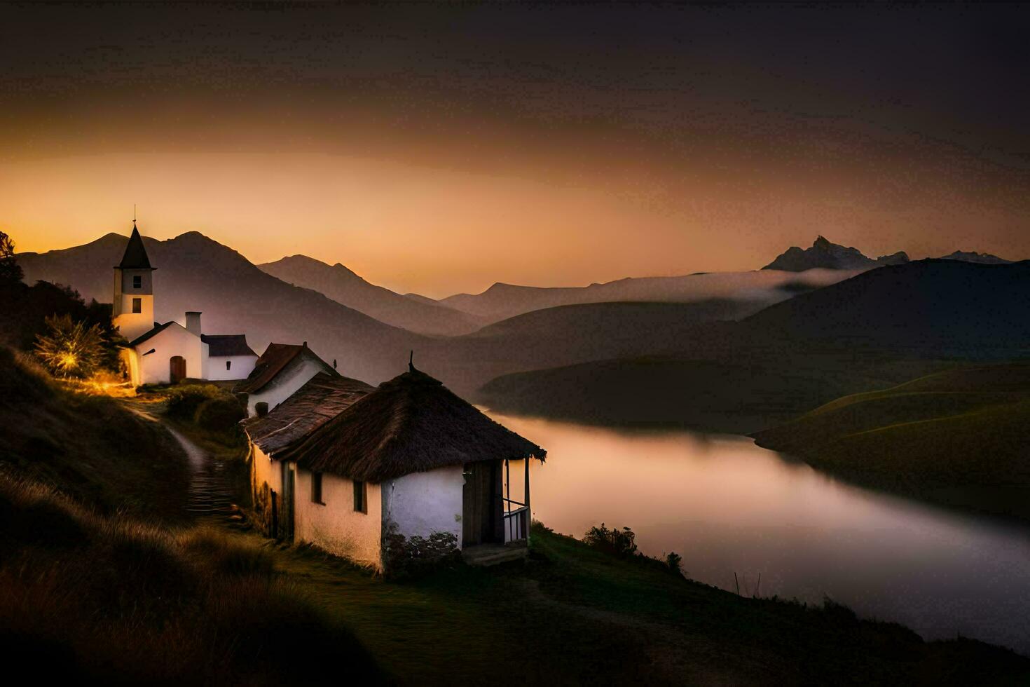 un pequeño Iglesia se sienta en el lado de un montaña con vista a un lago. generado por ai foto