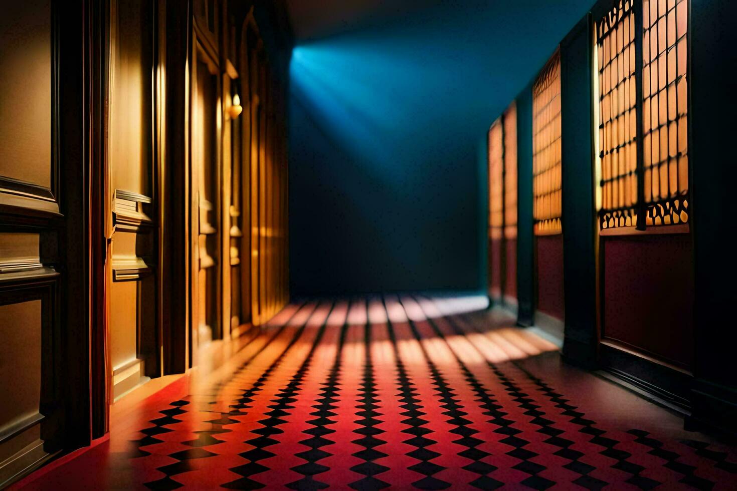 a hallway with red and black checkered floor. AI-Generated photo