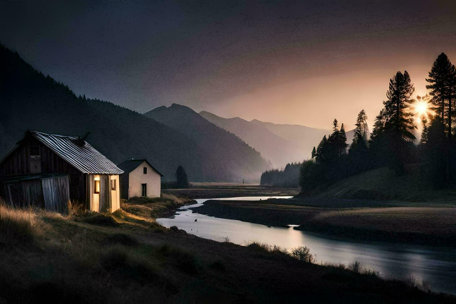 the sun rises over the mountains and the cabin is lit by the light. AI-Generated photo