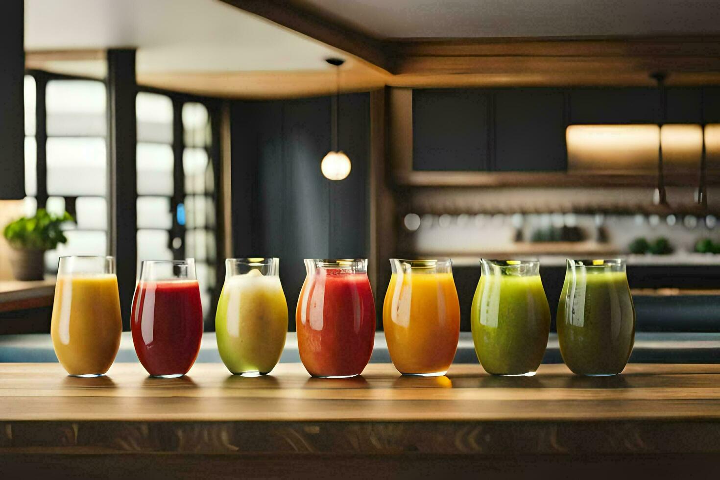 a row of different colored juices on a wooden table. AI-Generated photo