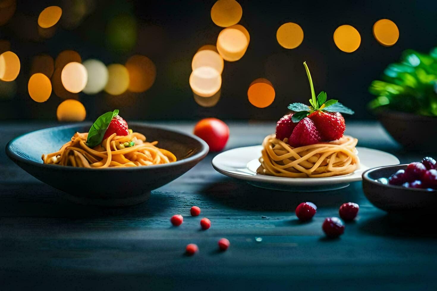 pasta with berries and berries on a wooden table. AI-Generated photo