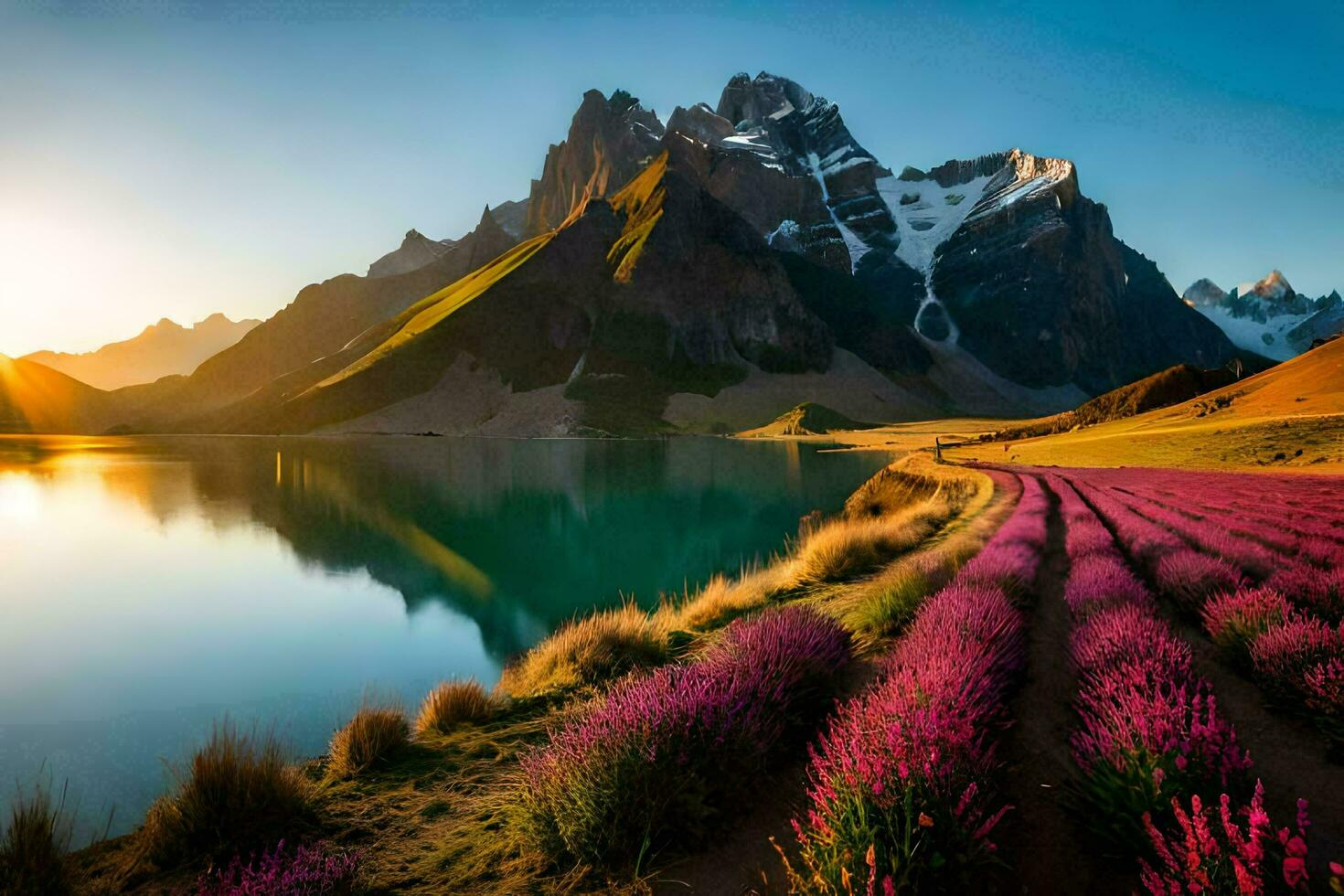 the sun rises over the mountains and lavender fields. AI-Generated photo