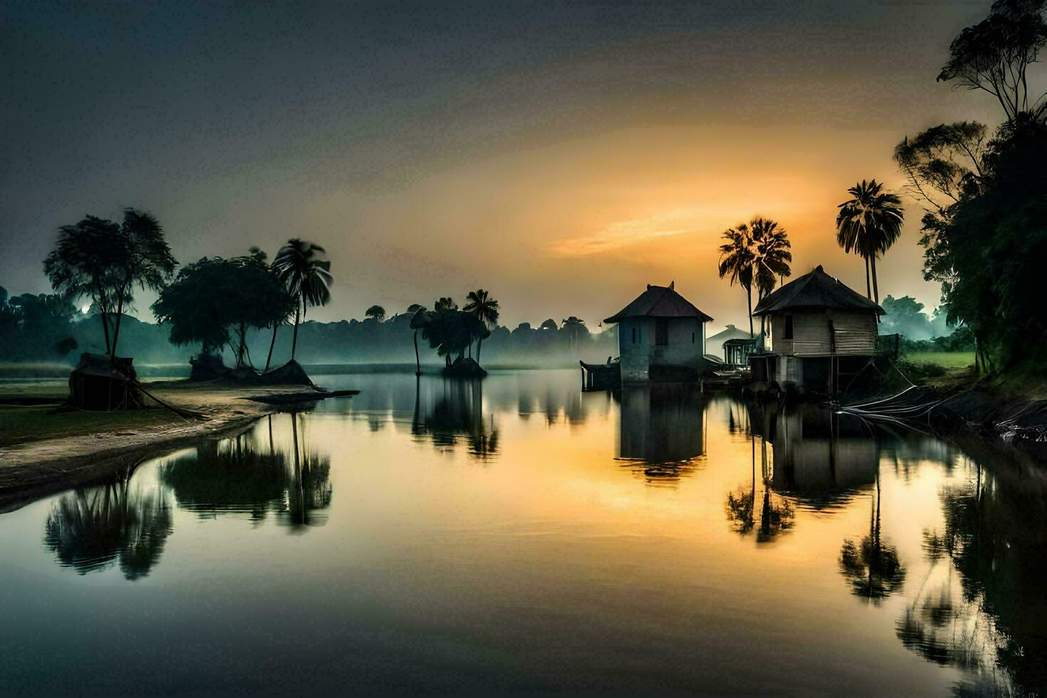 a river with palm trees and a house at sunset. AI-Generated photo